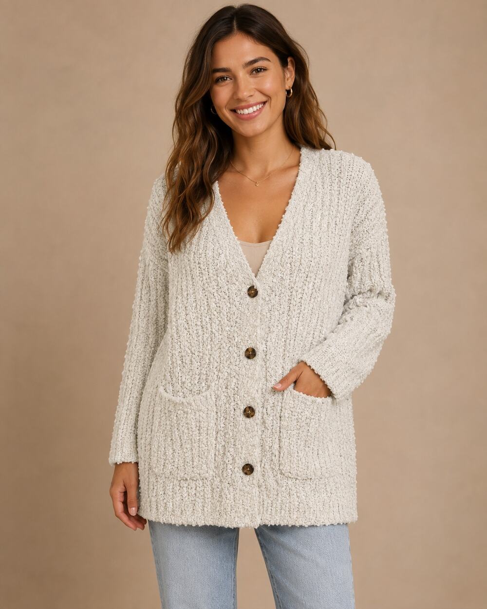 Miracle Women’s Cream Chunky Knit Button Cardigan Sweater Size M/L